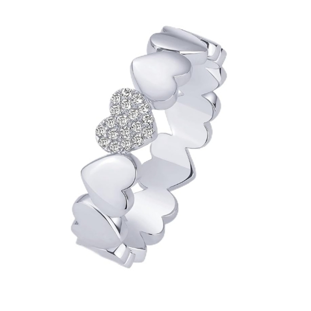 14K Gold Plated Heart CZ Chunky  Statement Ring With Crystals In White Gold